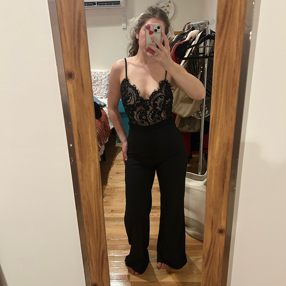 NWT FashionNova Black Lace Jumpsuit with Wide-Leg Pants